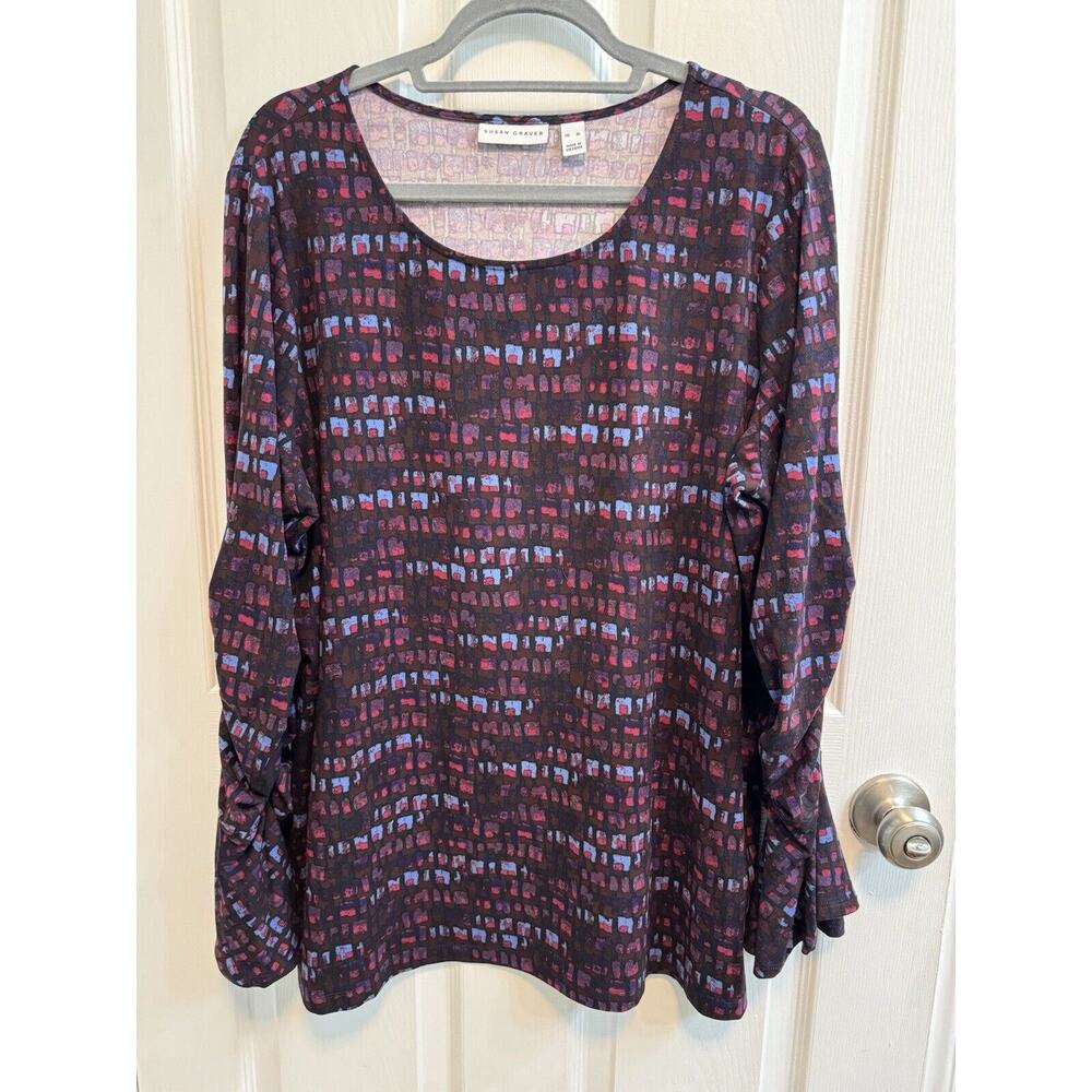 Susan Graver XL Top Blue Pink Long Ruched Flared Sleeves Round Neck New